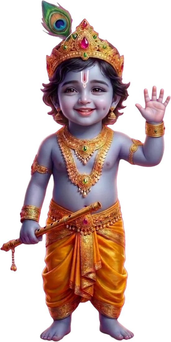 Talking Krishna app mein bal Krishna (Kanha, Laddu Gopal) haath hila kar namaste karte hue